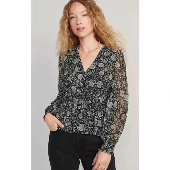 Old Navy Women's Plus Sz 2x Puff Sleeve‎ Floral Smocked Tie-Front Sheer Blouse - Picture 1 of 9